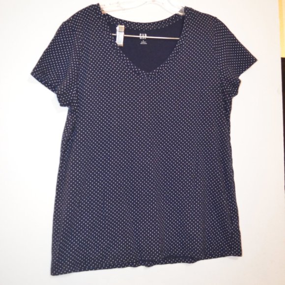GAP Navy Blue White Polkadots Prints Short Sleeves Soft Blouse Women L - Picture 2 of 4
